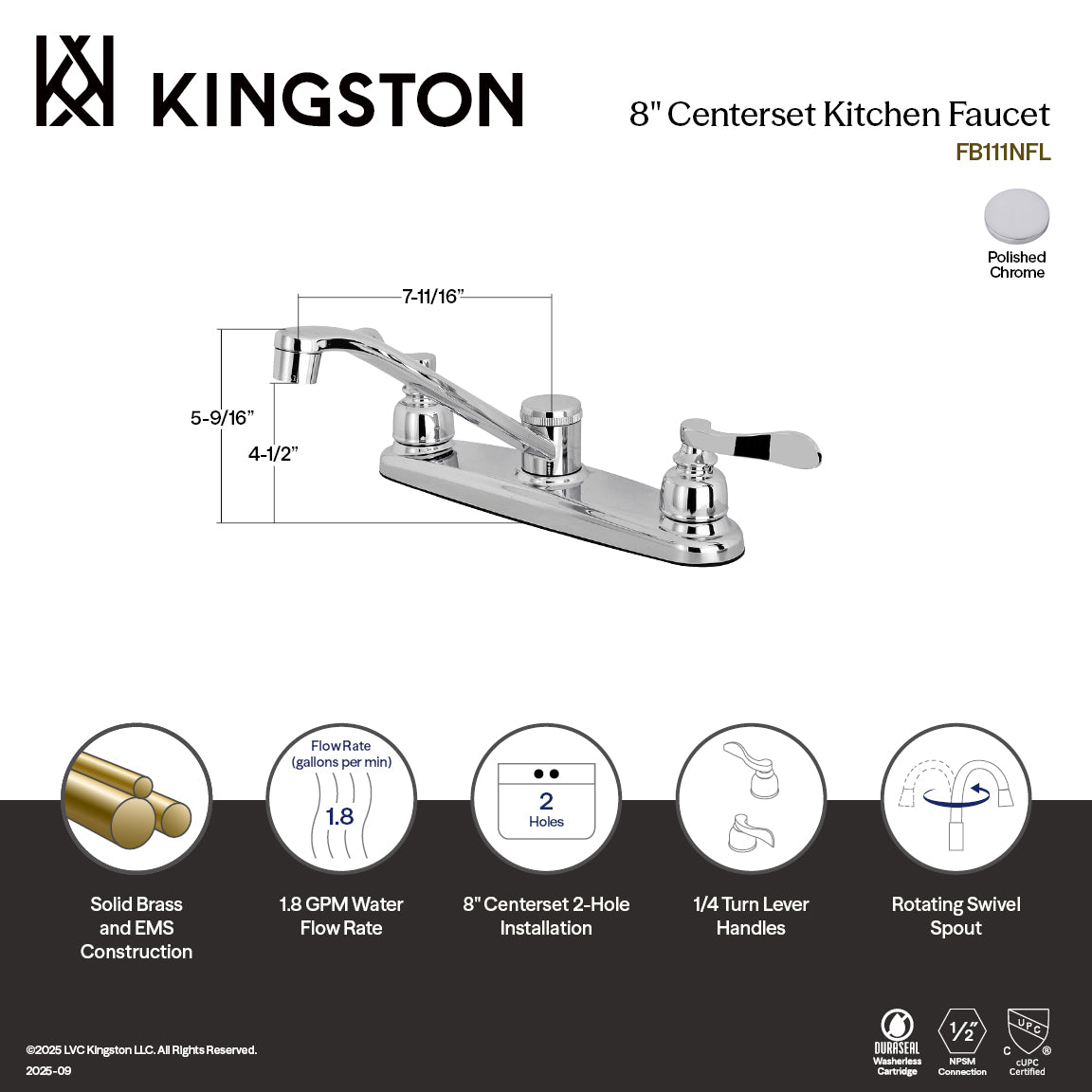 Kingston Tulare FB111NFL - NuWave French Two-Handle 2-Hole 8" Centerset Kitchen Faucet, Polished Chrome — thumbnail 2